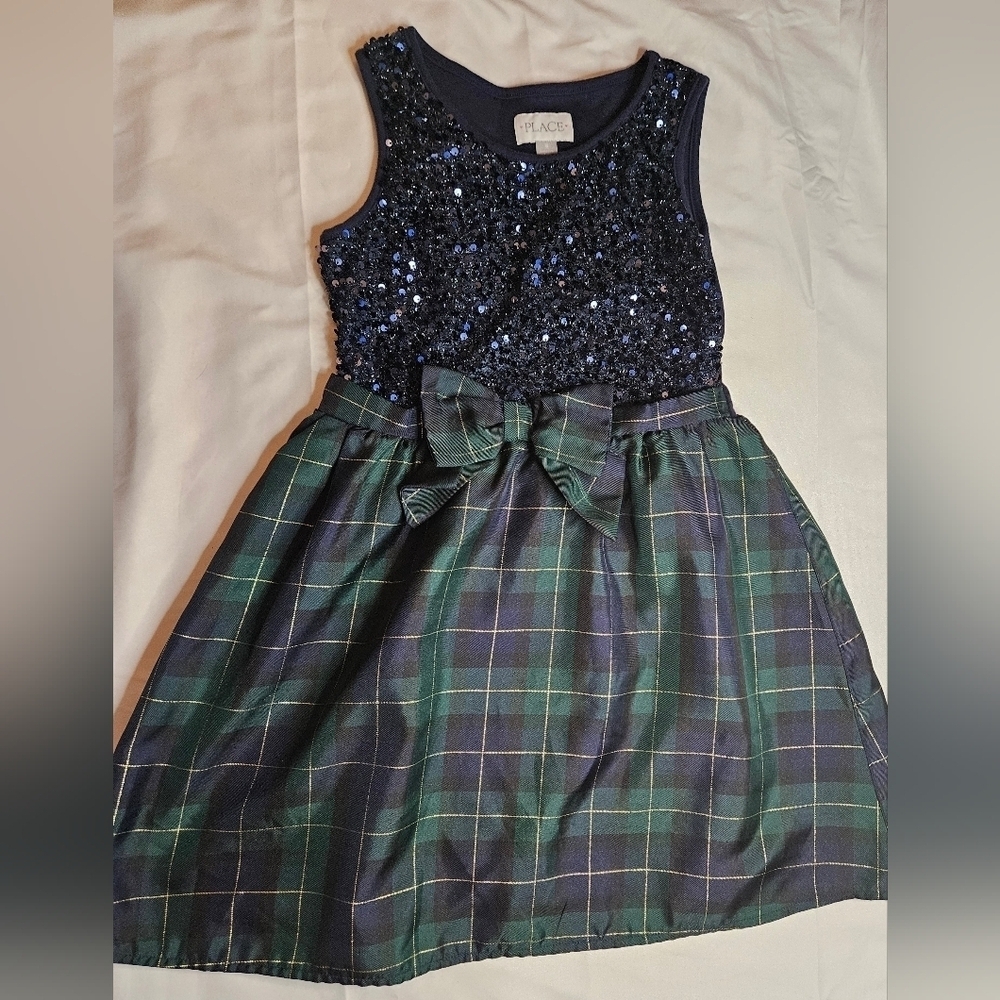 The Children's Place Girls Blue Sequined Top And Green Plaid Bottom Dress Size 8